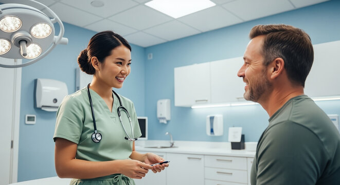 Friendly Asian doctor in green scrubs with a stethoscope consults a smiling male patient in a modern hospital examination room