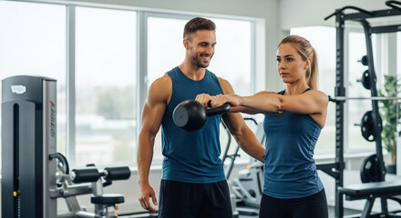 Smiling personal trainer guiding a fit woman with a kettlebell swing exercise in a modern gym