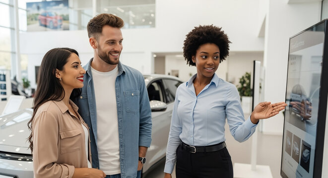 African American saleswoman helping a happy diverse couple choose a new car using a digital touchscreen configurator in a modern dealership showroom