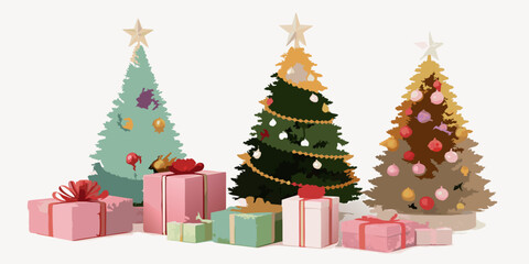 Festive Christmas trees with stars and colorful ornaments, surrounded by assorted gifts wrapped with ribbons for holiday cheer