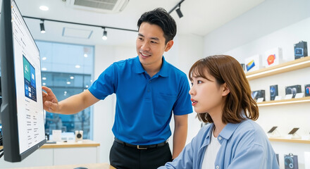 Obraz premium Friendly Asian sales assistant helping a female customer with a computer in a modern electronics store