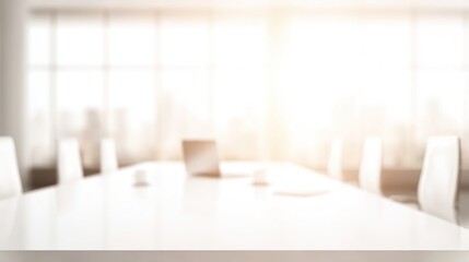 Fototapeta premium Blurry modern conference room with white table, chairs, laptop, & bright window