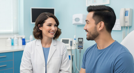 Obraz premium Friendly female doctor in a white lab coat consulting a smiling male patient in a modern clinic office