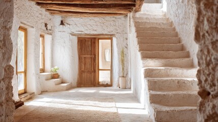Photograph of an interior house in an old, traditional Greek village. Rustic stone walls and a wooden door, stairs leading to the upper floor, a window with sunlight coming through...