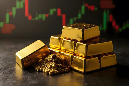 Hand Holding Smartphone with Trading App and Gold Bars