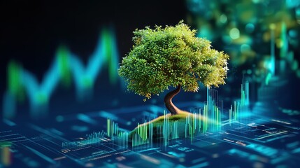 Digital Tree Growing on Financial Chart with Green Stock Market Background, Symbolizing Sustainable Development, Eco-Friendly Investment and Environmental Protection in Business Growth Concept.