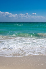 Tranquil sea wave motion. Summer sea breeze. Sea nature backdrop. Peaceful holiday destination. Dreamy ocean horizon. Coastal sea paradise wallpaper. Seafoam waves. Scenic tropical travel.