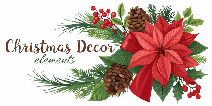 Festive Christmas decor composition with poinsettia, pine cones, berries, and evergreen branches for holiday design