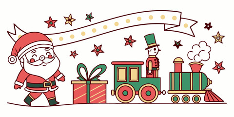 Festive holiday scene with Santa Claus, gift, toy soldier and train engine with banner for Christmas and winter season