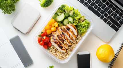A healthy packed lunch with grilled chicken and salad next to a laptop. perfect for concepts of healthy eating at work or meal prep