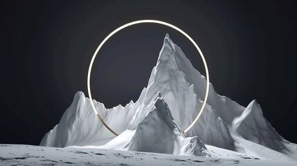 Abstract white mountain peak standing prominent with a glowing golden ring encircling it, set against a deep dark background. This artistic scene blends natural elements with a touch of mystique, 