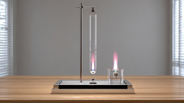 Chemical experiment setup with test tube and Bunsen burner on wooden table in laboratory with neutral background