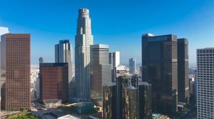Fototapeta premium Los Angeles city. LA downtown aerial view. Los Angeles skyline. LA streets. Los Angeles from a top view. Downtown towers of Los Angeles. Panoramic scene of LA skyline. American city in California.