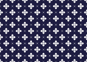 Seamless white floral blooming on dark blue background, ethnic fabric pattern, Portuguese style, design for cloth, carpet, batik, wallpaper, wrapping etc.