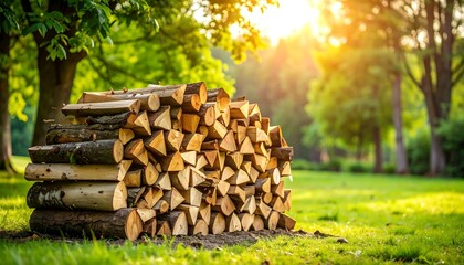 Stacked Firewood in a Sunny Forest Clearing  Cozy Home Heating  Outdoor Background.