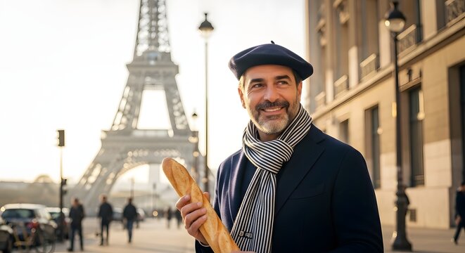 Smiling man in Paris wearing a beret and scarf, holding a baguette with the Eiffel Tower in the background.