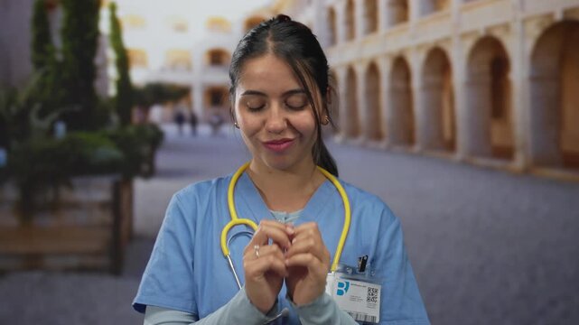Smiling woman doctor in blue uniform with stethoscope stands in historic old town, showcasing professional confidence and local charm.