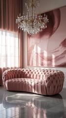 Elegant pink tufted sofa with crystal chandelier in a luxurious and stylish living room setting