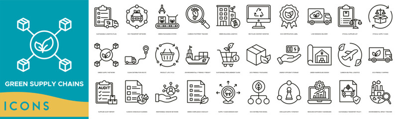 Green Supply Chains icon set. Sustainable Logistics Plan, Eco Transport Network, Green Packaging System, Carbon Footprint Tracker, Green Building Logistics and Recycled Content Monitor