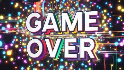 Colorful "GAME OVER" text in bold, retro style with glitch effects on a black background, evoking classic arcade and video game endings video - Powered by Adobe