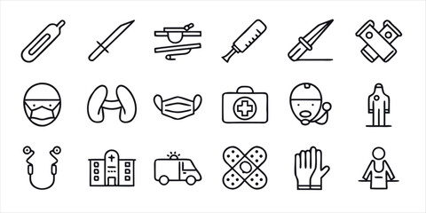 Medical and emergency services thin line icon set, including symbols for hospital, ambulance, surgery, first aid, and personal protective equipment for healthcare concepts.
