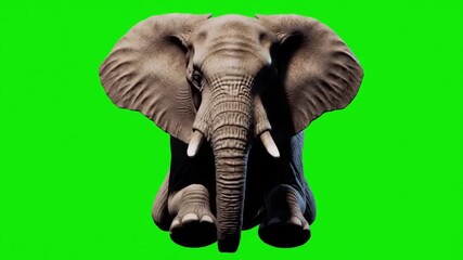 A large, gray elephant sits facing forward against a bright green background.