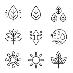  Ecology and environment thin line icon set with symbols for leaf, plant growth, sun, and weather cycles representing photosynthesis and sustainability for green energy concepts