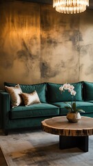Emerald green sofa with gold pillows and live edge table create a serene interior scene