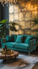 Stylish living room with emerald green sofa, plants, and gold accents creating a cozy atmosphere
