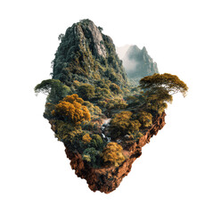 Isolated, vibrant mountain landscape. Lush, tropical vegetation covers a rocky, heart-shaped island
