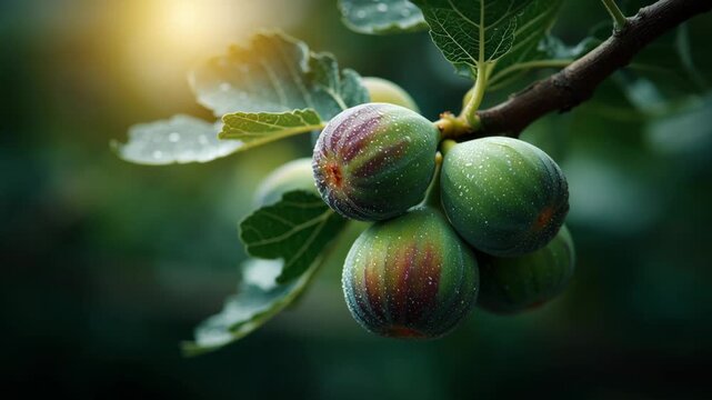 Green fig fruit with water droplets hanging on tree branch in soft sunlight glow fresh natural fruit swaying gently in breeze