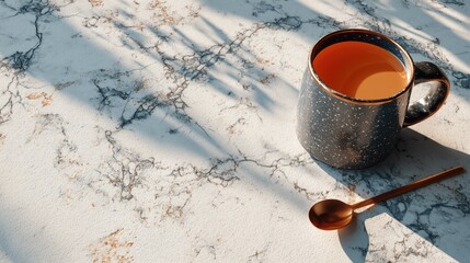 Elegant marble tabletop with speckled mug holding orange coffee, copper spoon, and leaf shadows, forming a cozy morning scene under natural sunlight.