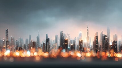 Obraz premium Misty urban skyline with illuminated skyscrapers and golden bokeh lights at night, showcasing modern cityscape, metropolitan glow, and architectural beauty.