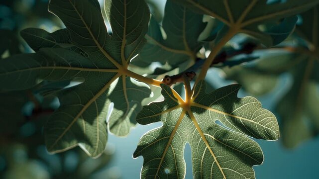 Fig leaf close up with sunlight shining through, revealing natural green texture and detailed veins in bright outdoor setting