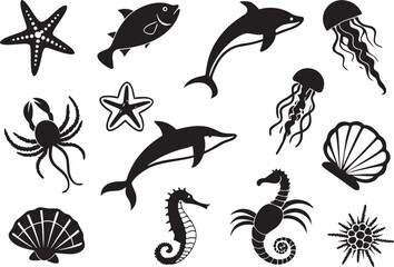 Fototapeta premium Sea Creatures Silhouette Bundle Ocean Animal Vector Pack