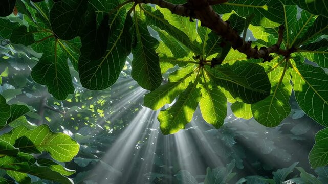 Sunlight beams shining through dense green fig tree leaves creating peaceful natural canopy with vibrant foliage and leaf patterns