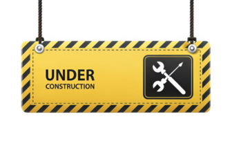 Yellow and black striped hanging sign with text under construction and tool icon isolated on transparent background