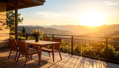 Sunset on a Deck Wooden Table  Chairs with Mountain View with Golden Hour.