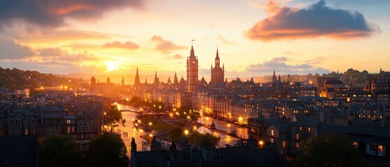 Naklejka premium Expansive cityscape view of London skyline du sunset with iconic landmarks and vibrant atmosphere