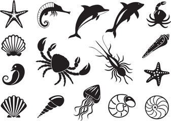 Obraz premium Sea Creatures Silhouette Bundle Ocean Animal Vector Pack