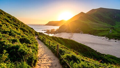 Sunset path overlooking scenic ocean cove  vibrant coastal mountains with California.