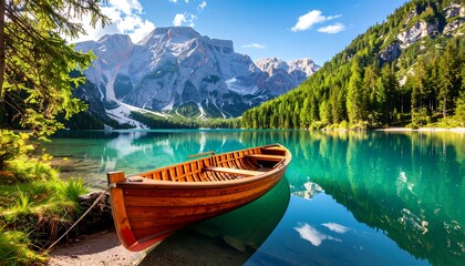 Tranquil Lake Braies boat with scenic mountain landscape, reflection, nature, and adventure.