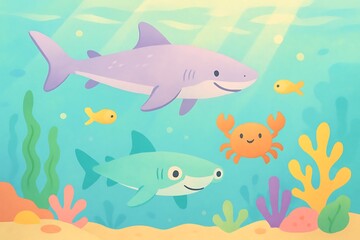 Obraz premium Whimsical underwater scene with smiling fish, shark, crab, and colorful coral reef, playful aquatic life kids ocean background