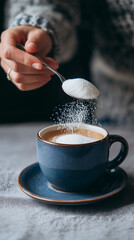 A person adding sugar to their coffee.
