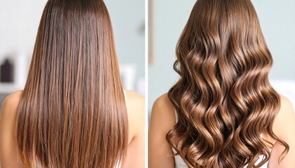Transformation Before  After Long Brown Hair Straight to Curly Hairstyle.