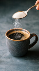 A person adding sugar to their coffee.