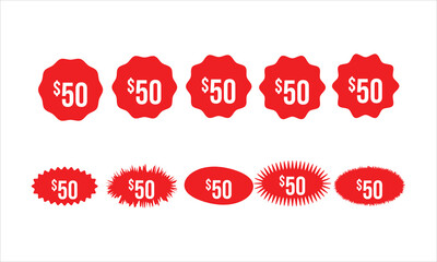 price tag, sale label, discount sticker, $50 tag, red label, vector price tag, retail icon, offer badge, shopping tag, e-commerce label, editable tag, marketing icon, flat sale icon

