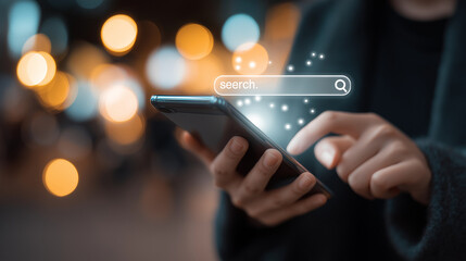 searching on a mobile phone with a search bar and web icon over a blurred background 