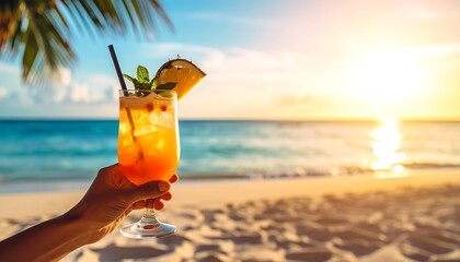 Tropical Cocktail on Beach at Sunset Paradise Drink with Ocean View, and Summer Vibes.
