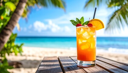Tropical Cocktail on Beach with Summer Vacation, and Refreshing Drink by Ocean.